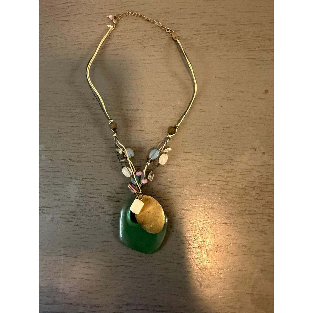 vintage Mixed Media Beaded Necklace Green Resin Gold Disc Boho Eclectic